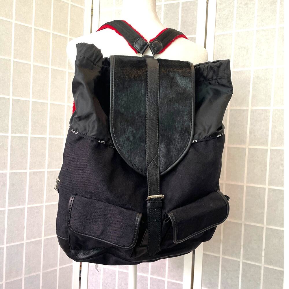 Gianfranco Ferre Nylon Backpack Leather Trim Foal Hair Flap Designer Italy Luxe